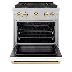 ZLINE Autograph Edition 30 in. 4.2 cu. ft. 4 Burner Paramount Gas Range with Convection Gas Oven in Satin Stainless Steel with White Matte Door and Polished Gold Accents (SGRSZ-WM-30-G) front, open.