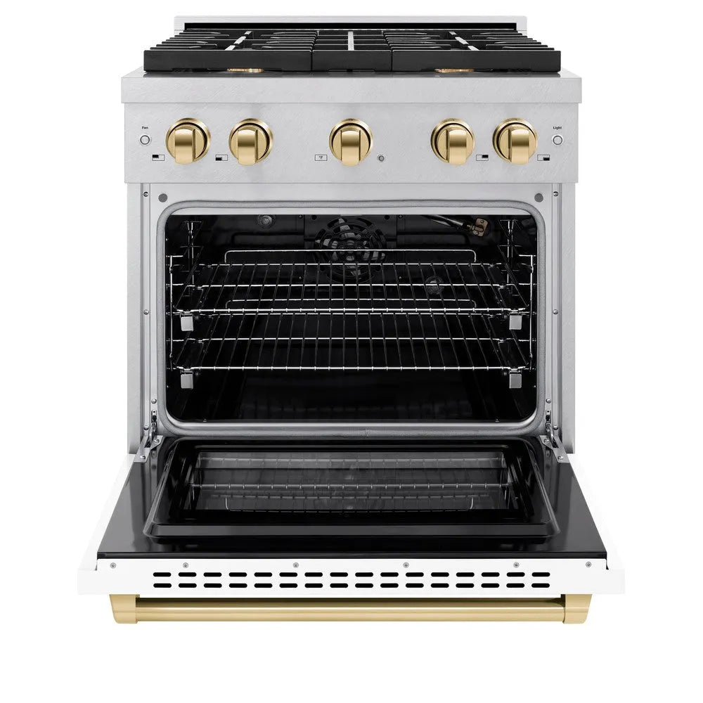 ZLINE Autograph Edition 30 in. 4.2 cu. ft. 4 Burner Paramount Gas Range with Convection Gas Oven in Satin Stainless Steel with White Matte Door and Polished Gold Accents (SGRSZ-WM-30-G) front, open.