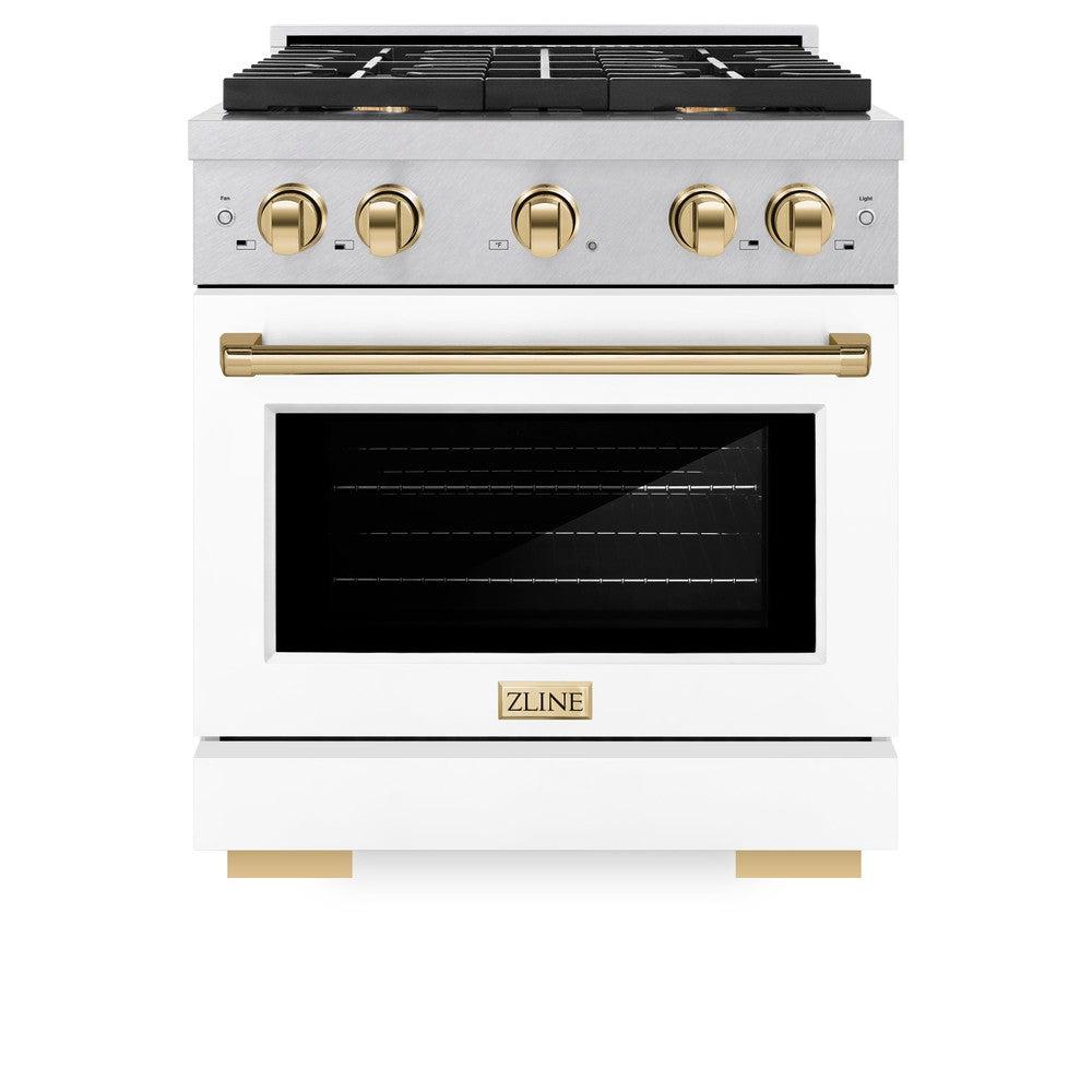 ZLINE Autograph Edition 30 in. 4.2 cu. ft. 4 Burner Gas Range with Convection Gas Oven in DuraSnow® Stainless Steel with White Matte Door and Polished Gold Accents (SGRSZ-WM-30-G) front, oven closed.