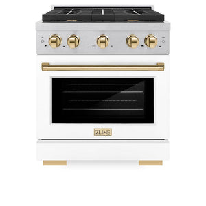 ZLINE Autograph Edition 30 in. 4.2 cu. ft. 4 Burner Paramount Gas Range with Convection Gas Oven in Satin Stainless Steel with White Matte Door and Polished Gold Accents (SGRSZ-WM-30-G) front, oven closed.