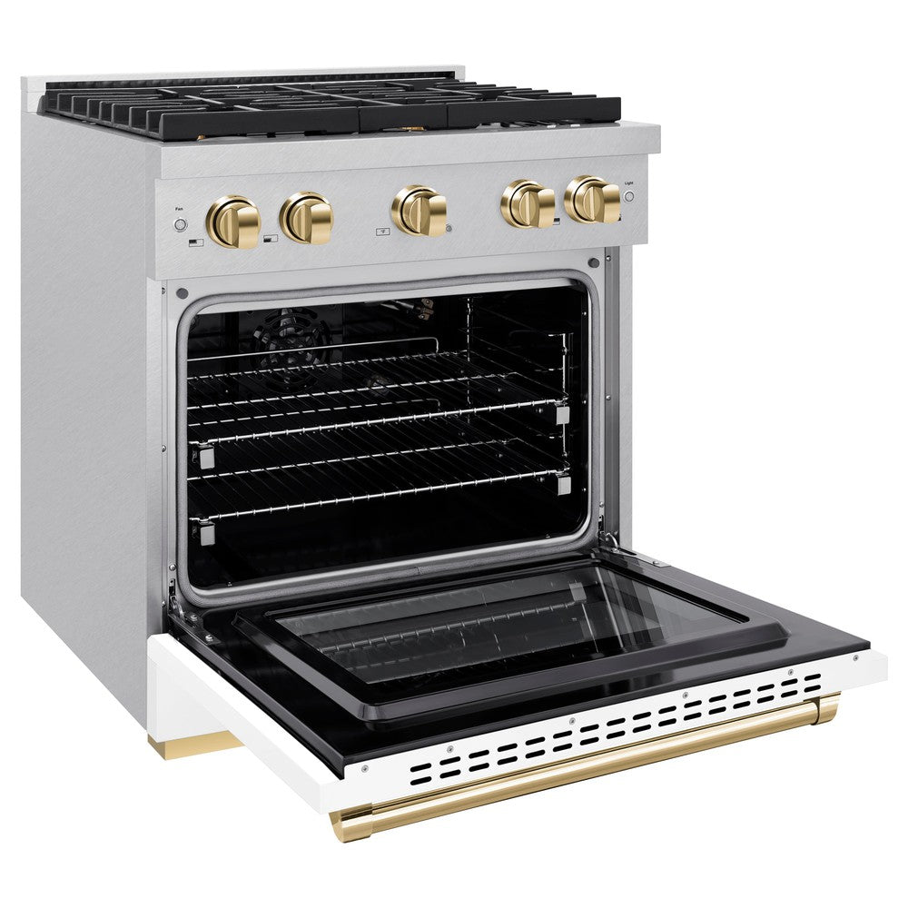 ZLINE Autograph Edition 30 in. 4.2 cu. ft. 4 Burner Gas Range with Convection Gas Oven in DuraSnow® Stainless Steel with White Matte Door and Polished Gold Accents (SGRSZ-WM-30-G) side, oven open.