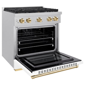 ZLINE Autograph Edition 30 in. 4.2 cu. ft. 4 Burner Paramount Gas Range with Convection Gas Oven in Satin Stainless Steel with White Matte Door and Polished Gold Accents (SGRSZ-WM-30-G) side, oven open.