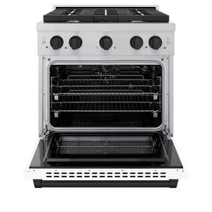 ZLINE Autograph Edition 30 in. 4.2 cu. ft. 4 Burner Gas Range with Convection Gas Oven in DuraSnow® Stainless Steel with White Matte Door and Matte Black Accents (SGRSZ-WM-30-MB) front, with oven open.