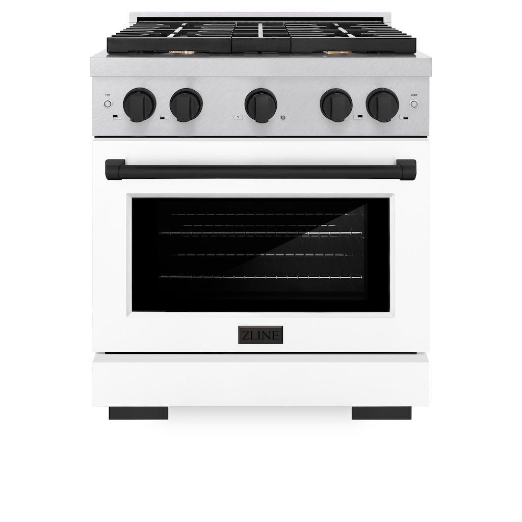 ZLINE Autograph Edition 30 in. 4.2 cu. ft. 4 Burner Gas Range with Convection Gas Oven in DuraSnow® Stainless Steel with White Matte Door and Matte Black Accents (SGRSZ-WM-30-MB) front, oven closed.