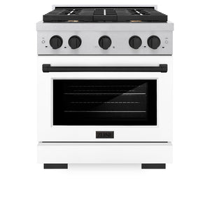 ZLINE Autograph Edition 30 in. 4.2 cu. ft. 4 Burner Gas Range with Convection Gas Oven in DuraSnow® Stainless Steel with White Matte Door and Matte Black Accents (SGRSZ-WM-30-MB) front, oven closed.