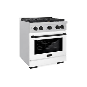 ZLINE Autograph Edition 30 in. 4.2 cu. ft. 4 Burner Gas Range with Convection Gas Oven in DuraSnow® Stainless Steel with White Matte Door and Matte Black Accents (SGRSZ-WM-30-MB)-ZLINE Kitchen and Bath