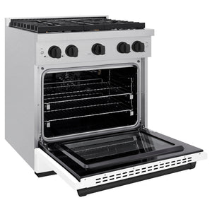ZLINE Autograph Edition 30 in. 4.2 cu. ft. 4 Burner Gas Range with Convection Gas Oven in DuraSnow® Stainless Steel with White Matte Door and Matte Black Accents (SGRSZ-WM-30-MB) side, oven open.