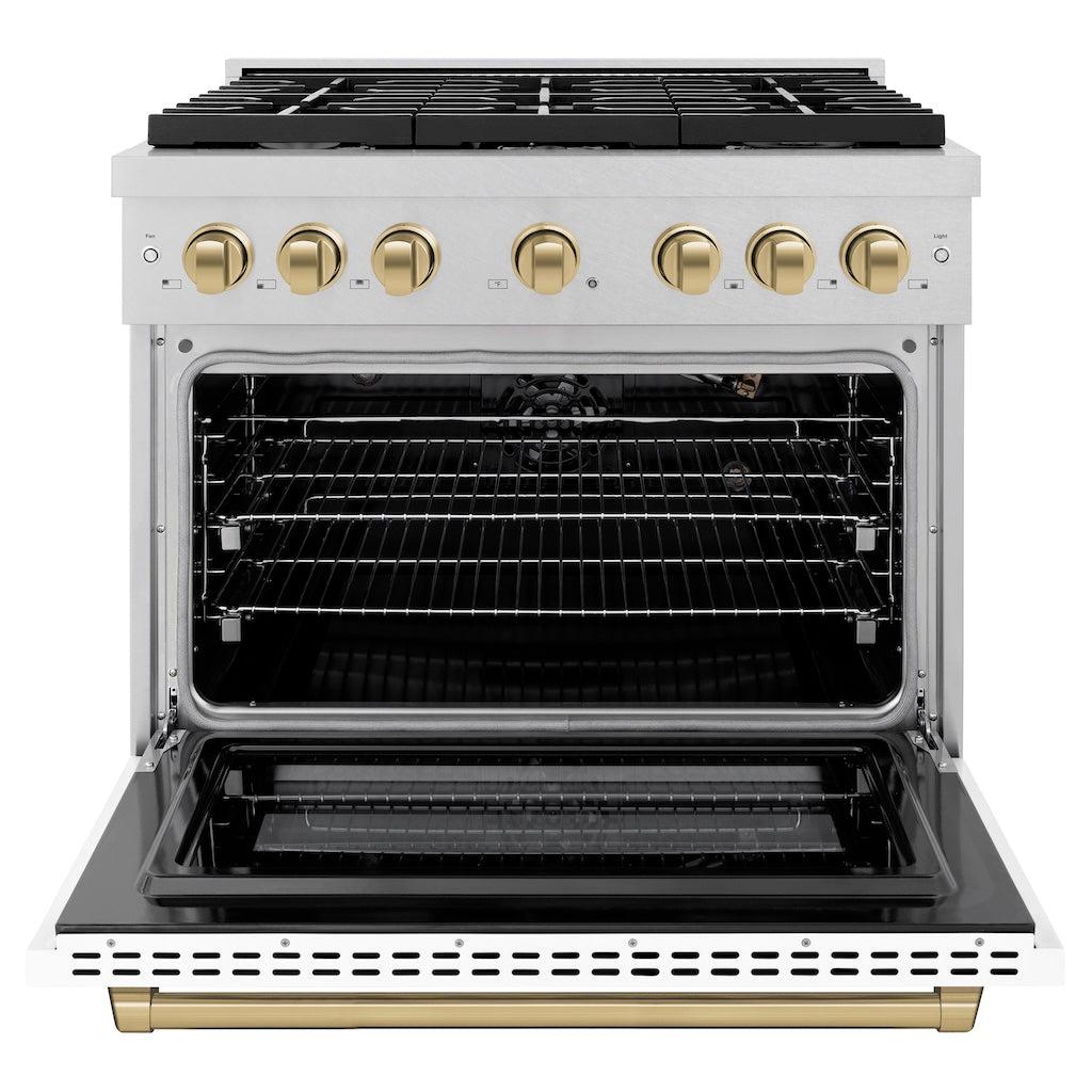 ZLINE Autograph Edition 36 in. 5.2 cu. ft. 6 Burner Gas Range with Convection Gas Oven in DuraSnow® Stainless Steel with White Matte Door and Champagne Bronze Accents (SGRSZ-WM-36-CB) front, oven open.