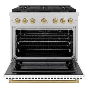 ZLINE Autograph Edition 36 in. 5.2 cu. ft. 6 Burner Gas Range with Convection Gas Oven in DuraSnow® Stainless Steel with White Matte Door and Champagne Bronze Accents (SGRSZ-WM-36-CB) front, with oven open.