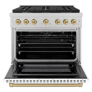 ZLINE Autograph Edition 36 in. 5.2 cu. ft. 6 Burner Gas Range with Convection Gas Oven in DuraSnow® Stainless Steel with White Matte Door and Champagne Bronze Accents (SGRSZ-WM-36-CB) front, oven open.