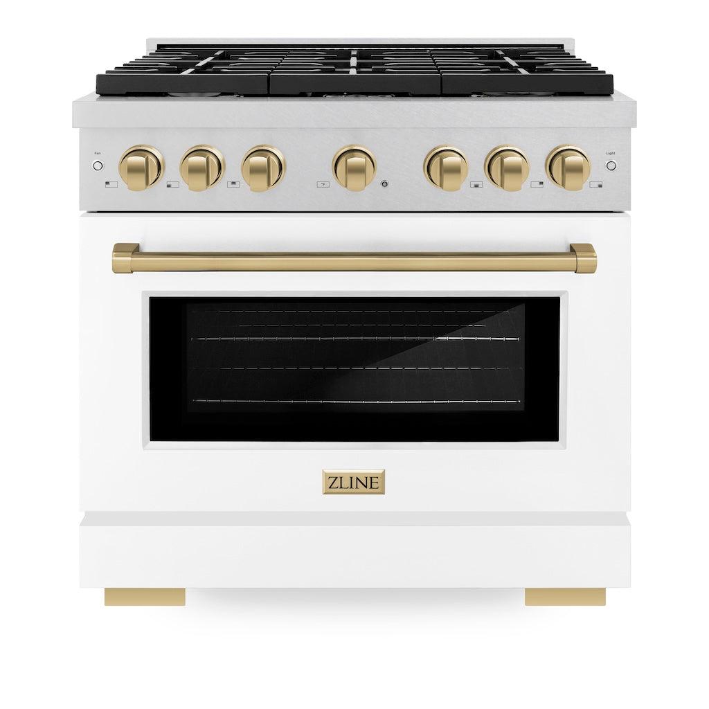 ZLINE Autograph Edition 36 in. 5.2 cu. ft. 6 Burner Gas Range with Convection Gas Oven in DuraSnow® Stainless Steel with White Matte Door and Champagne Bronze Accents (SGRSZ-WM-36-CB) front, oven closed.