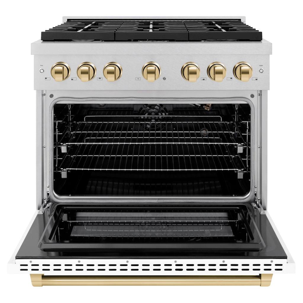 ZLINE Autograph Edition 36 in. 5.2 cu. ft. 6 Burner Gas Range with Convection Gas Oven in DuraSnow® Stainless Steel with White Matte Door and Polished Gold Accents (SGRSZ-WM-36-G) front, oven open.