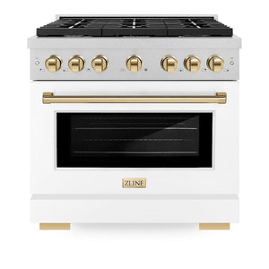 ZLINE Autograph Edition 36 in. 5.2 cu. ft. 6 Burner Gas Range with Convection Gas Oven in DuraSnow® Stainless Steel with White Matte Door and Polished Gold Accents (SGRSZ-WM-36-G) front, oven closed.