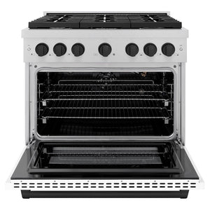 ZLINE Autograph Edition 36 in. 5.2 cu. ft. 6 Burner Gas Range with Convection Gas Oven in DuraSnow® Stainless Steel with White Matte Door and Matte Black Accents (SGRSZ-WM-36-MB) front, with oven open.