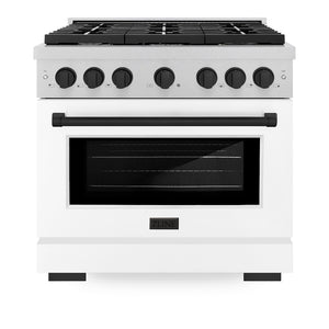 ZLINE Autograph Edition 36 in. 5.2 cu. ft. 6 Burner Gas Range with Convection Gas Oven in DuraSnow® Stainless Steel with White Matte Door and Matte Black Accents (SGRSZ-WM-36-MB) front, oven closed.