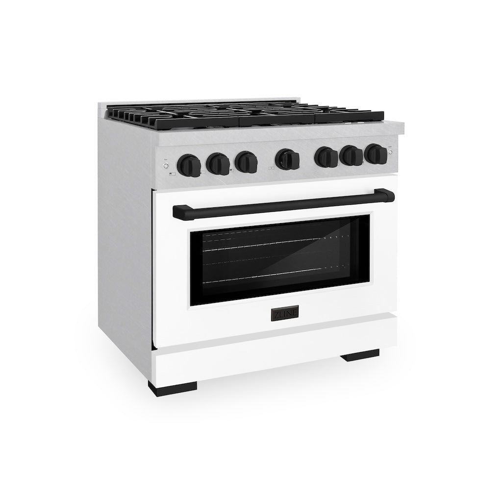 ZLINE Autograph Edition 36 in. 5.2 cu. ft. 6 Burner Gas Range with Convection Gas Oven in DuraSnow® Stainless Steel with White Matte Door and Matte Black Accents (SGRSZ-WM-36-MB)