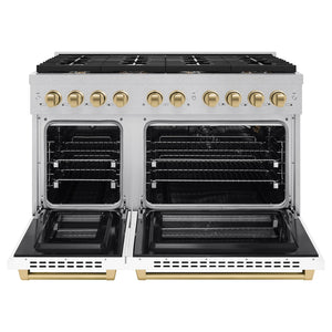 ZLINE Autograph Edition 48 in. 6.7 cu. ft. 8 Burner Double Oven Gas Range in DuraSnow® Stainless Steel with White Matte Doors and Champagne Bronze Accents (SGRSZ-WM-48-CB) front, with oven open.