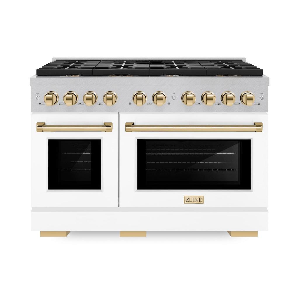 ZLINE Autograph Edition 48 in. 6.7 cu. ft. 8 Burner Double Oven Gas Range in DuraSnow® Stainless Steel with White Matte Doors and Polished Gold Accents (SGRSZ-WM-48-G) front.