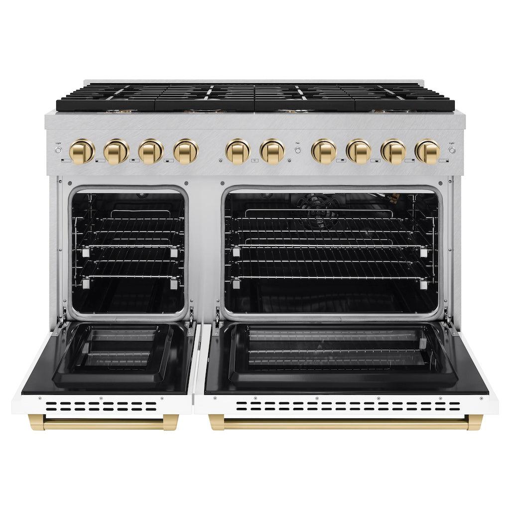 ZLINE Autograph Edition 48 in. 6.7 cu. ft. 8 Burner Double Oven Gas Range in DuraSnow® Stainless Steel with White Matte Doors and Polished Gold Accents (SGRSZ-WM-48-G) front, with oven open.