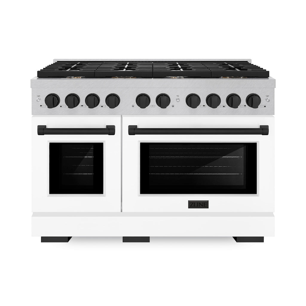 ZLINE Autograph Edition 48 in. 6.7 cu. ft. 8 Burner Double Oven Gas Range in DuraSnow® Stainless Steel with White Matte Doors and Matte Black Accents (SGRSZ-WM-48-MB) front, oven closed.