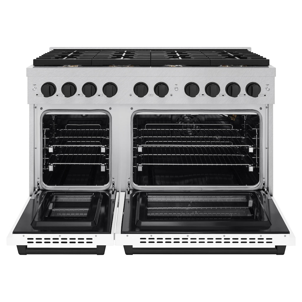 ZLINE Autograph Edition 48 in. 6.7 cu. ft. 8 Burner Double Oven Gas Range in DuraSnow® Stainless Steel with White Matte Doors and Matte Black Accents (SGRSZ-WM-48-MB) front, with oven open.