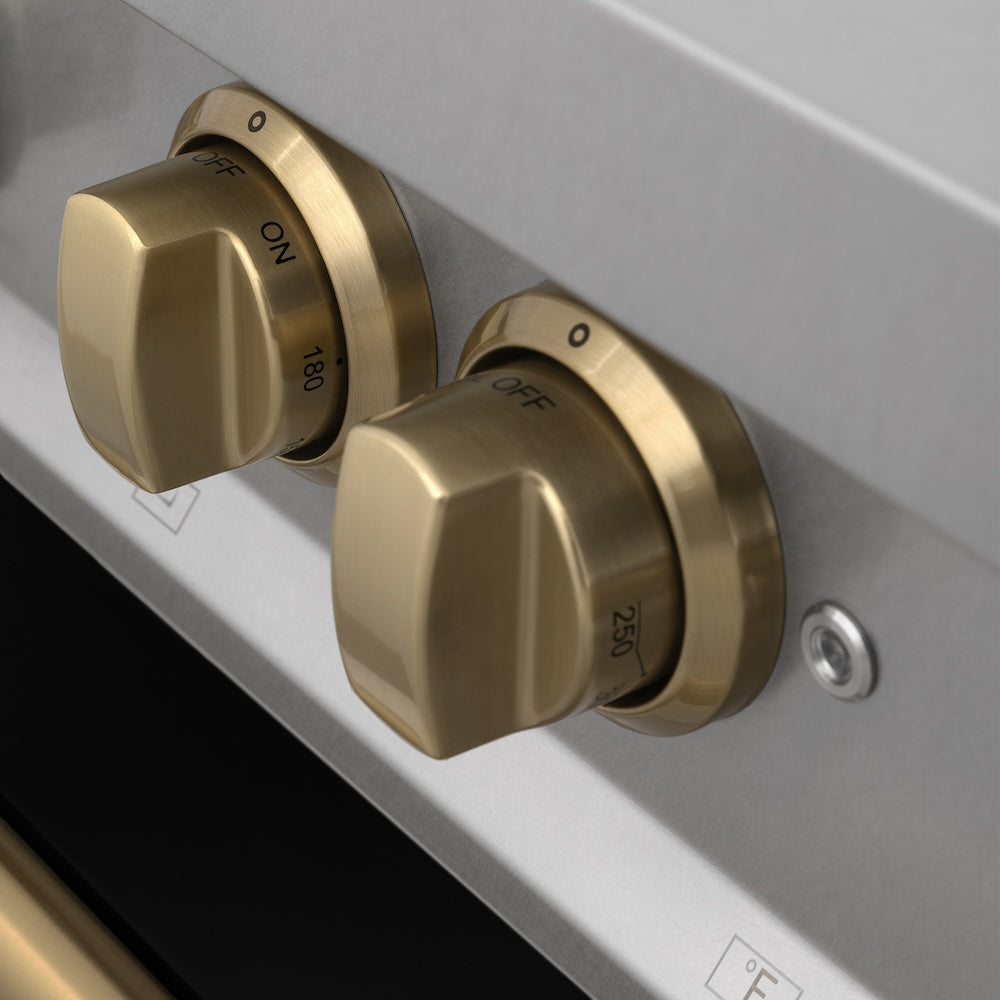 ZLINE Autograph Edition 36 in. 4.6 cu. ft. Legacy Dual Fuel Range with 6 Burner Gas Cooktop and Electric Convection Oven in Satin Stainless Steel with Black Matte Door and Champagne Bronze Accents (RASZ-BLM-36-CB) knobs.