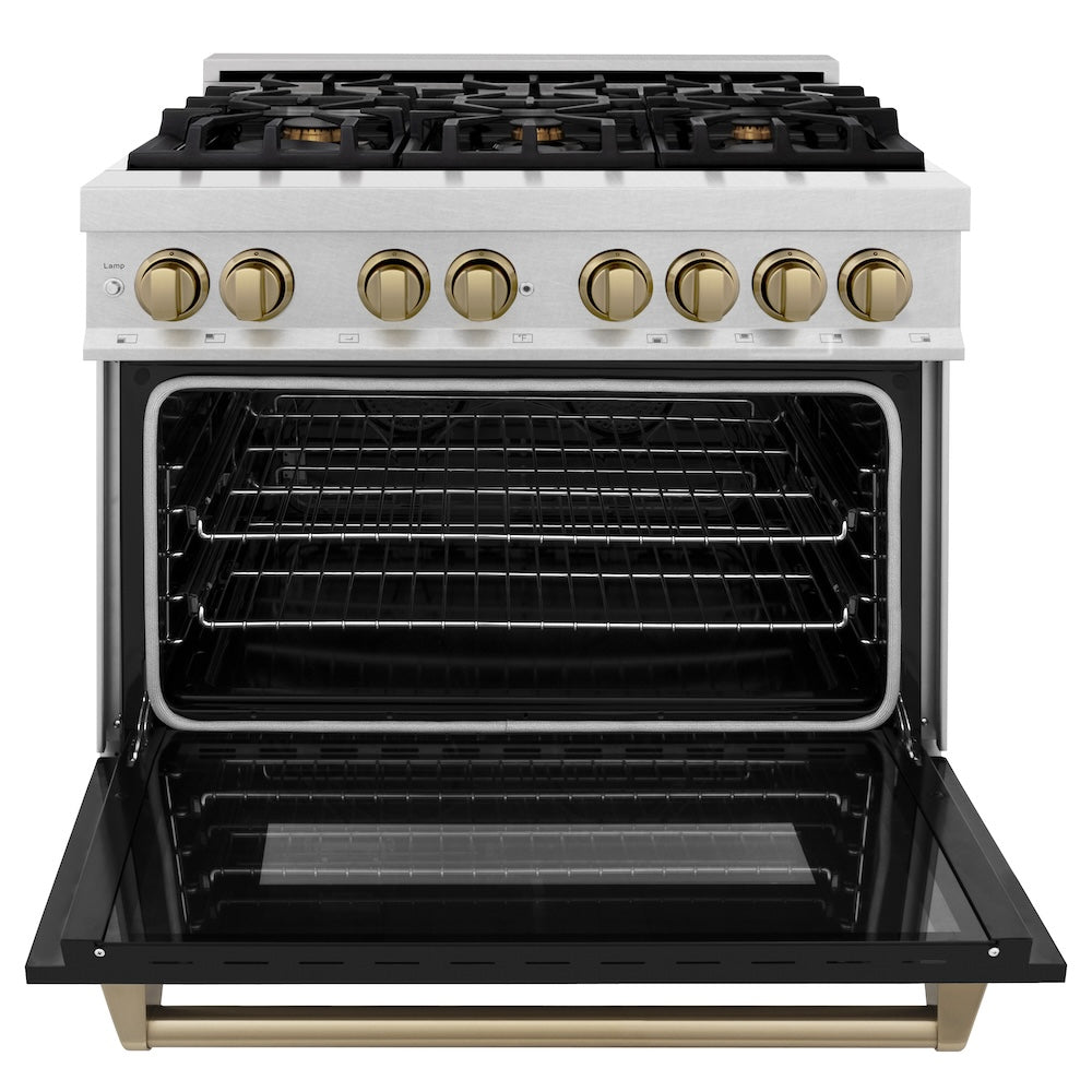 ZLINE Autograph Edition 36 in. 4.6 cu. ft. Legacy Dual Fuel Range with 6 Burner Gas Cooktop and Electric Convection Oven in Satin Stainless Steel with Black Matte Door and Champagne Bronze Accents (RASZ-BLM-36-CB) front, oven open.