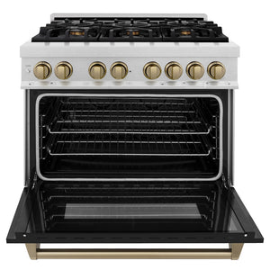 ZLINE Autograph Edition 36 in. 4.6 cu. ft. Legacy Dual Fuel Range with 6 Burner Gas Cooktop and Electric Convection Oven in Satin Stainless Steel with Black Matte Door and Champagne Bronze Accents (RASZ-BLM-36-CB) front, oven open.