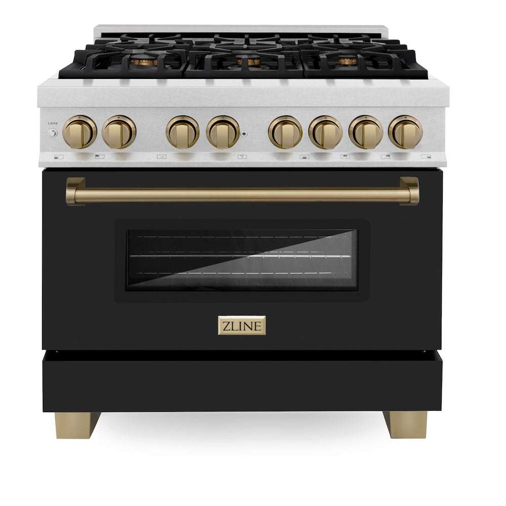ZLINE Autograph Edition 36 in. 4.6 cu. ft. Legacy Dual Fuel Range with 6 Burner Gas Cooktop and Electric Convection Oven in Satin Stainless Steel with Black Matte Door and Champagne Bronze Accents (RASZ-BLM-36-CB) front, oven closed.