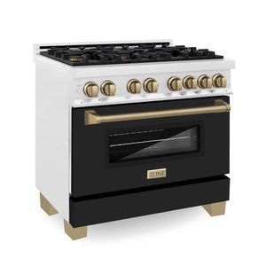ZLINE Autograph Edition 36 in. 4.6 cu. ft. Legacy Dual Fuel Range with 6 Burner Gas Cooktop and Electric Convection Oven in Satin Stainless Steel with Black Matte Door and Champagne Bronze Accents (RASZ-BLM-36-CB) main image.