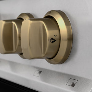 ZLINE Autograph Edition 36 in. 4.6 cu. ft. Legacy Dual Fuel Range with 6 Burner Gas Cooktop and Electric Convection Oven in Satin Stainless Steel with Black Matte Door and Champagne Bronze Accents (RASZ-BLM-36-CB) cooktop and oven knobs.