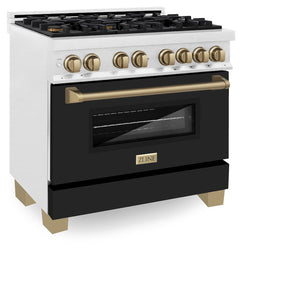 ZLINE Autograph Edition 36 in. 4.6 cu. ft. Legacy Dual Fuel Range with 6 Burner Gas Cooktop and Electric Convection Oven in Satin Stainless Steel with Black Matte Door and Champagne Bronze Accents (RASZ-BLM-36-CB)