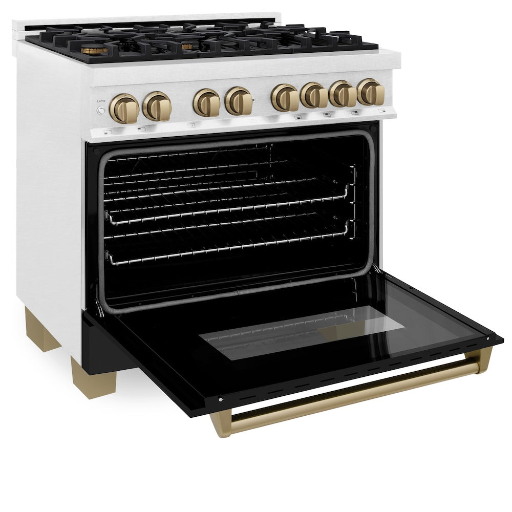 ZLINE Autograph Edition 36 in. 4.6 cu. ft. Legacy Dual Fuel Range with 6 Burner Gas Cooktop and Electric Convection Oven in Satin Stainless Steel with Black Matte Door and Champagne Bronze Accents (RASZ-BLM-36-CB) side, oven open.
