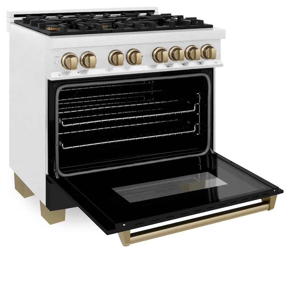 ZLINE Autograph Edition 36 in. 4.6 cu. ft. Legacy Dual Fuel Range with 6 Burner Gas Cooktop and Electric Convection Oven in Satin Stainless Steel with Black Matte Door and Champagne Bronze Accents (RASZ-BLM-36-CB) side, oven open.