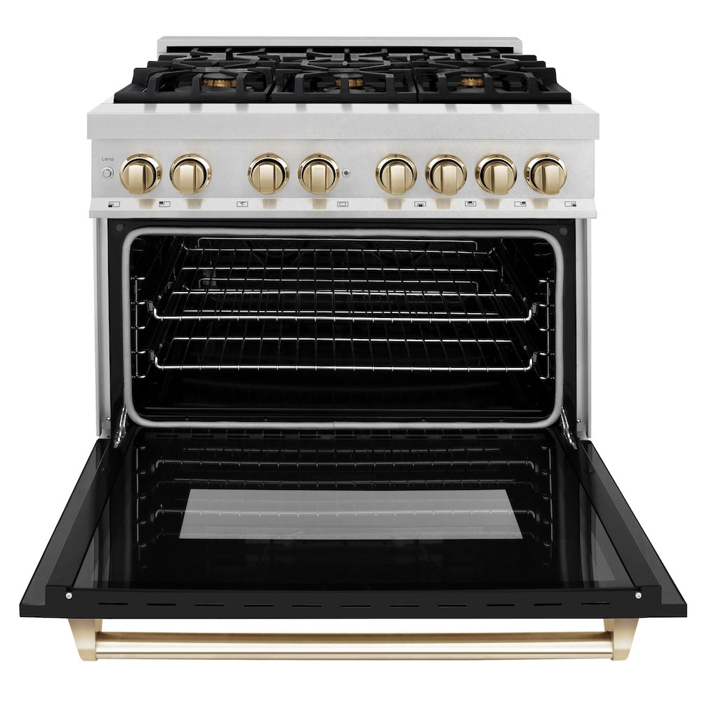 ZLINE Autograph Edition 36 in. 4.6 cu. ft. Legacy Dual Fuel Range with 6 Burner Gas Cooktop and Electric Convection Oven in Satin Stainless Steel with Black Matte Door and Polished Gold Accents (RASZ-BLM-36-G) front, open.
