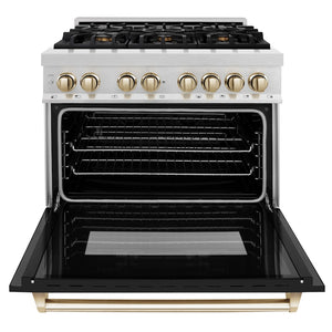 ZLINE Autograph Edition 36 in. 4.6 cu. ft. Legacy Dual Fuel Range with 6 Burner Gas Cooktop and Electric Convection Oven in Satin Stainless Steel with Black Matte Door and Polished Gold Accents (RASZ-BLM-36-G) front, open.