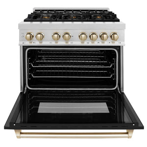 ZLINE Autograph Edition 36 in. 4.6 cu. ft. Legacy Dual Fuel Range with 6 Burner Gas Cooktop and Electric Convection Oven in Satin Stainless Steel with Black Matte Door and Polished Gold Accents (RASZ-BLM-36-G) front, open.