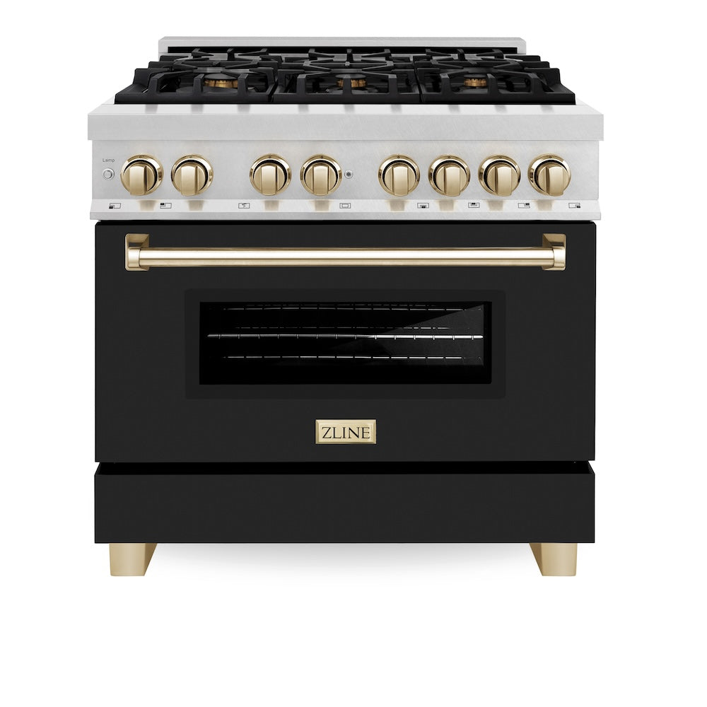 ZLINE Autograph Edition 36 in. 4.6 cu. ft. Legacy Dual Fuel Range with 6 Burner Gas Cooktop and Electric Convection Oven in Satin Stainless Steel with Black Matte Door and Polished Gold Accents (RASZ-BLM-36-G) front, oven closed.