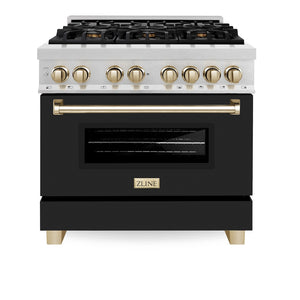 ZLINE Autograph Edition 36 in. 4.6 cu. ft. Legacy Dual Fuel Range with 6 Burner Gas Cooktop and Electric Convection Oven in Satin Stainless Steel with Black Matte Door and Polished Gold Accents (RASZ-BLM-36-G) front, oven closed.