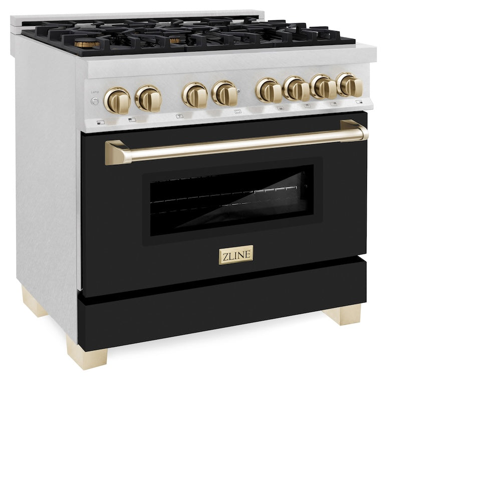 ZLINE Autograph Edition 36 in. 4.6 cu. ft. Legacy Dual Fuel Range with 6 Burner Gas Cooktop and Electric Convection Oven in Satin Stainless Steel with Black Matte Door and Polished Gold Accents (RASZ-BLM-36-G)