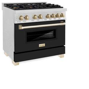 ZLINE Autograph Edition 36 in. 4.6 cu. ft. Legacy Dual Fuel Range with 6 Burner Gas Cooktop and Electric Convection Oven in Satin Stainless Steel with Black Matte Door and Polished Gold Accents (RASZ-BLM-36-G)