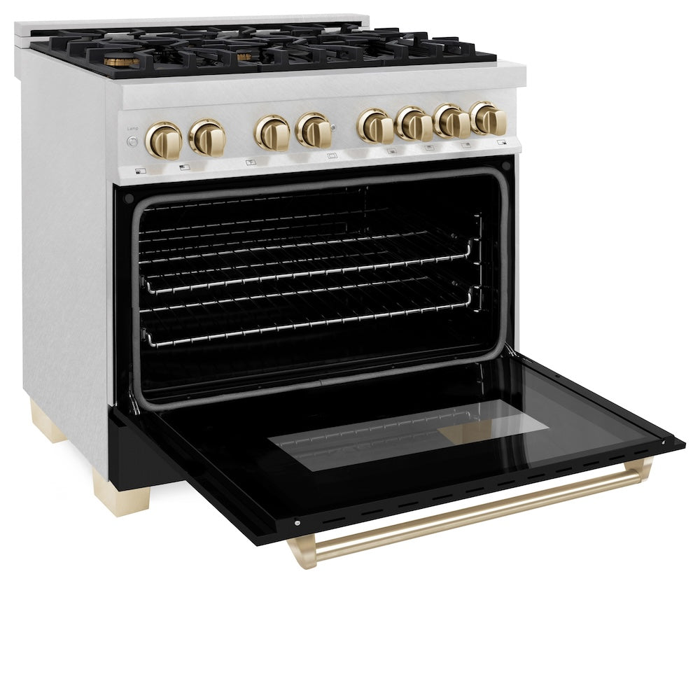 ZLINE Autograph Edition 36 in. 4.6 cu. ft. Legacy Dual Fuel Range with 6 Burner Gas Cooktop and Electric Convection Oven in Satin Stainless Steel with Black Matte Door and Polished Gold Accents (RASZ-BLM-36-G) side, oven open.