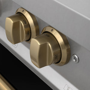 ZLINE Autograph Edition 48 in. 6.0 cu. ft. Legacy Dual Fuel Range with 7 Burner Gas Cooktop and 2 Electric Ovens in Satin Stainless Steel with Black Matte Doors and Champagne Bronze Accents (RASZ-BLM-48-CB) knobs.