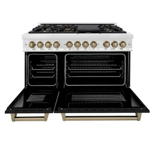 ZLINE Autograph Edition 48 in. 6.0 cu. ft. Legacy Dual Fuel Range with 7 Burner Gas Cooktop and 2 Electric Ovens in Satin Stainless Steel with Black Matte Doors and Champagne Bronze Accents (RASZ-BLM-48-CB) front, open.
