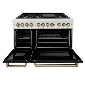 ZLINE Autograph Edition 48 in. 6.0 cu. ft. Legacy Dual Fuel Range with 7 Burner Gas Cooktop and 2 Electric Ovens in Satin Stainless Steel with Black Matte Doors and Champagne Bronze Accents (RASZ-BLM-48-CB) front, open.