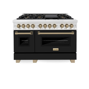 ZLINE Autograph Edition 48 in. 6.0 cu. ft. Legacy Dual Fuel Range with 7 Burner Gas Cooktop and 2 Electric Ovens in Satin Stainless Steel with Black Matte Doors and Champagne Bronze Accents (RASZ-BLM-48-CB) front, oven closed.