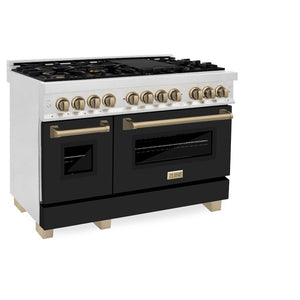 ZLINE Autograph Edition 48 in. 6.0 cu. ft. Legacy Dual Fuel Range with 7 Burner Gas Cooktop and 2 Electric Ovens in Satin Stainless Steel with Black Matte Doors and Champagne Bronze Accents (RASZ-BLM-48-CB)