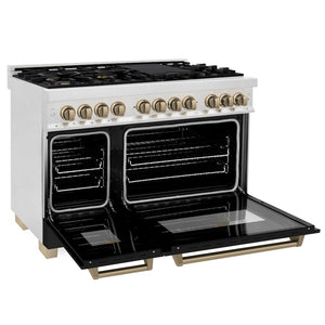 ZLINE Autograph Edition 48 in. 6.0 cu. ft. Legacy Dual Fuel Range with 7 Burner Gas Cooktop and 2 Electric Ovens in Satin Stainless Steel with Black Matte Doors and Champagne Bronze Accents (RASZ-BLM-48-CB) side, oven open.