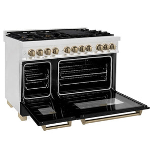 ZLINE Autograph Edition 48 in. 6.0 cu. ft. Legacy Dual Fuel Range with 7 Burner Gas Cooktop and 2 Electric Ovens in Satin Stainless Steel with Black Matte Doors and Champagne Bronze Accents (RASZ-BLM-48-CB) side, oven open.