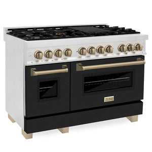 ZLINE Autograph Edition 48 in. 6.0 cu. ft. Legacy Dual Fuel Range with 7 Burner Gas Cooktop and 2 Electric Ovens in Satin Stainless Steel with Black Matte Doors and Champagne Bronze Accents (RASZ-BLM-48-CB) main image.